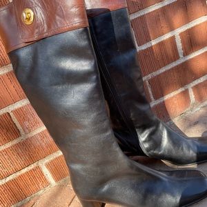 NWOT tall leather fashion boots knee high black brown 2 tone Italian leather 7